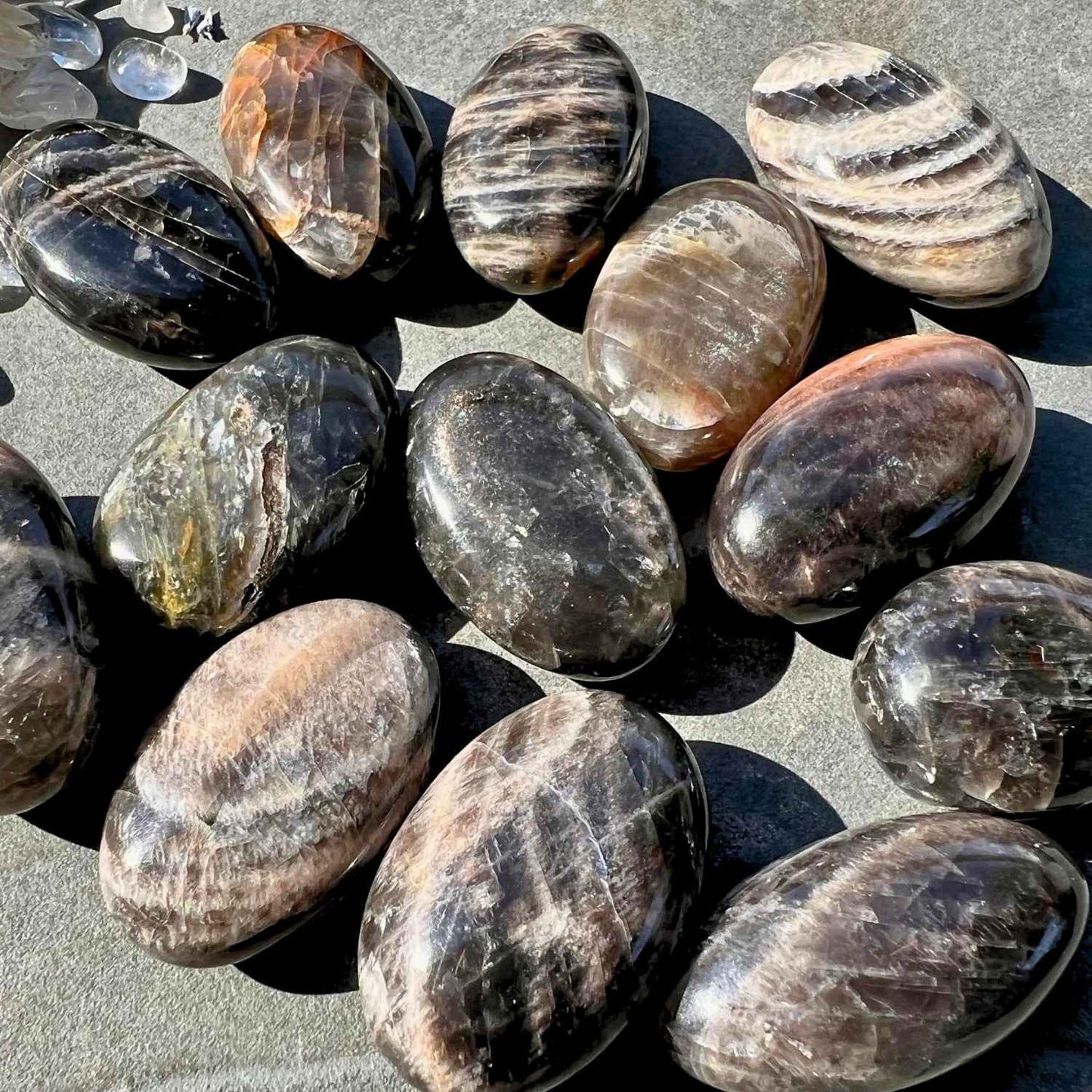Schwarze Mondstein Handschmeichler im Sonnenlicht mit Regenbogen Reflexen
