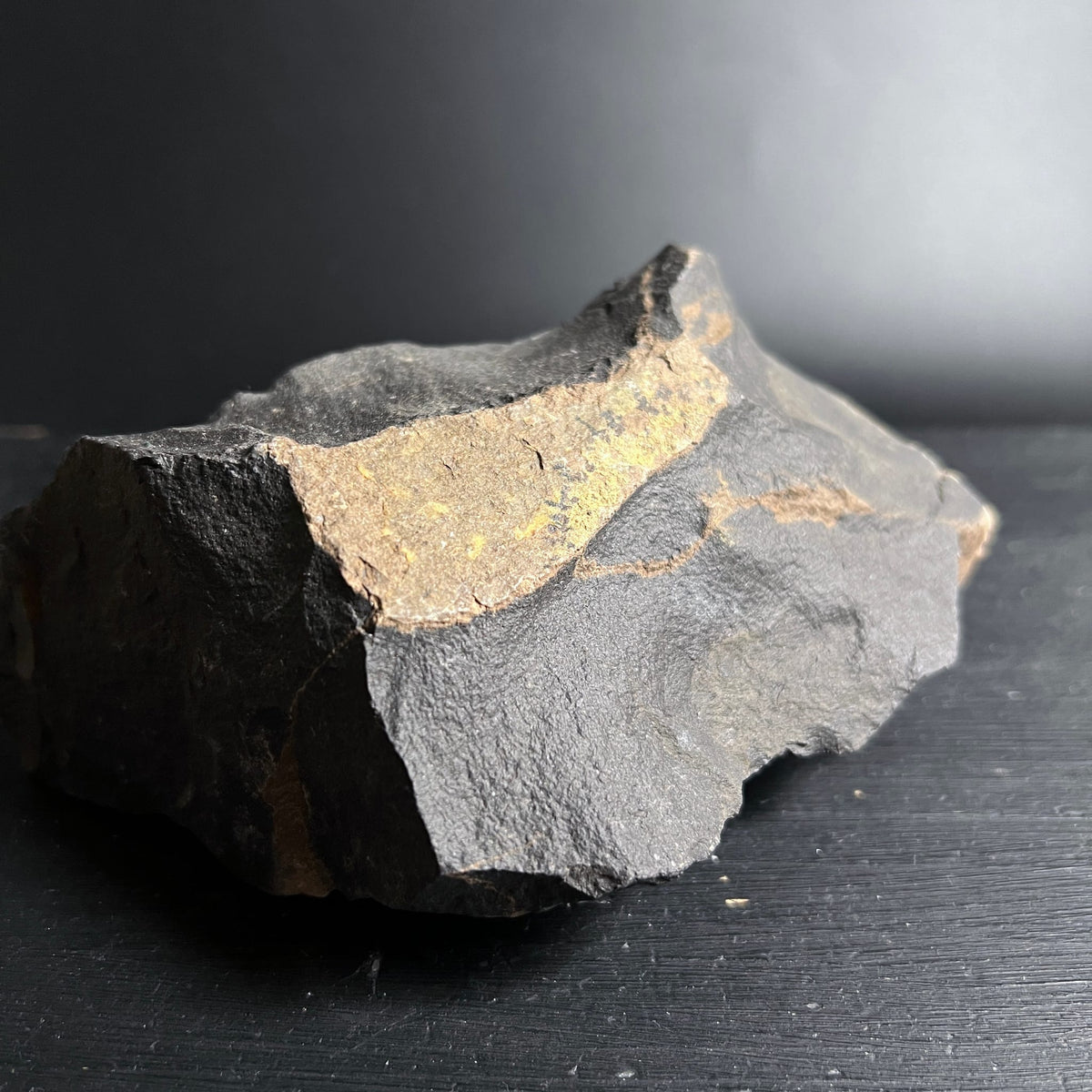Roher schwarzgrauer Stein mit ockergelb-olivfarbenem Band und schroffen Bruchkanten | Happy Minerals