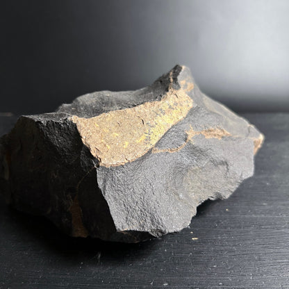 Roher schwarzgrauer Stein mit ockergelb-olivfarbenem Band und schroffen Bruchkanten | Happy Minerals