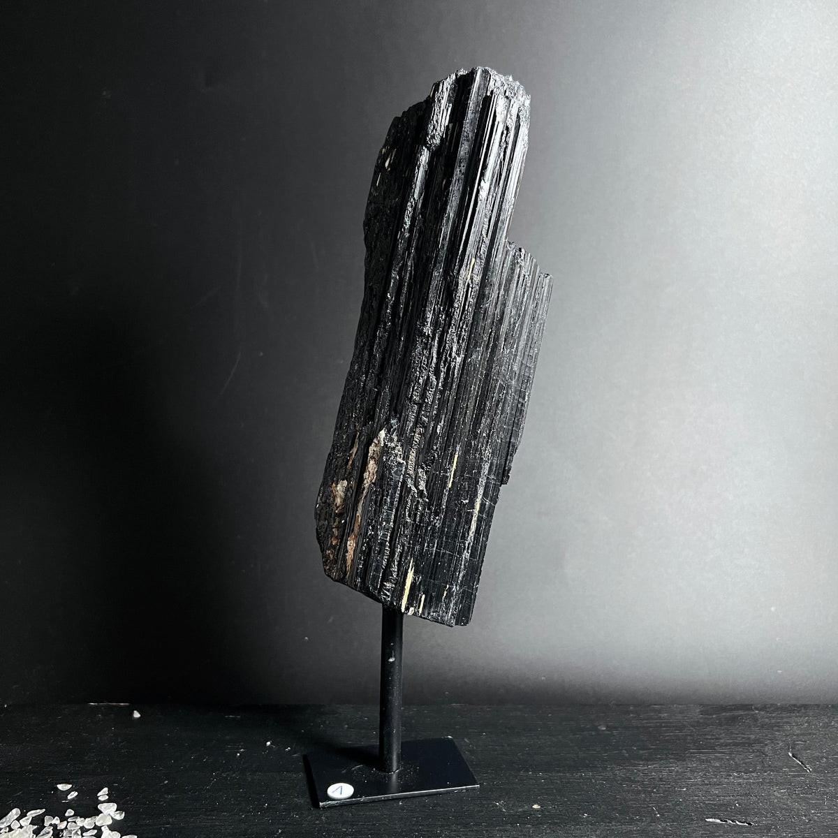 Schwarzer Turmalin | Variante A | Glänzende Streifen | Metallfuß | Brasilien | Happy Minerals