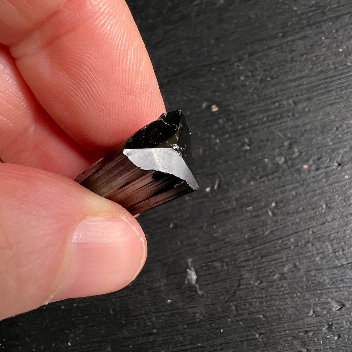 Schwarzer Turmalin Rohkristall | Nahaufnahme in Fingern | changierende Streifenstruktur | Happy Minerals Unikat