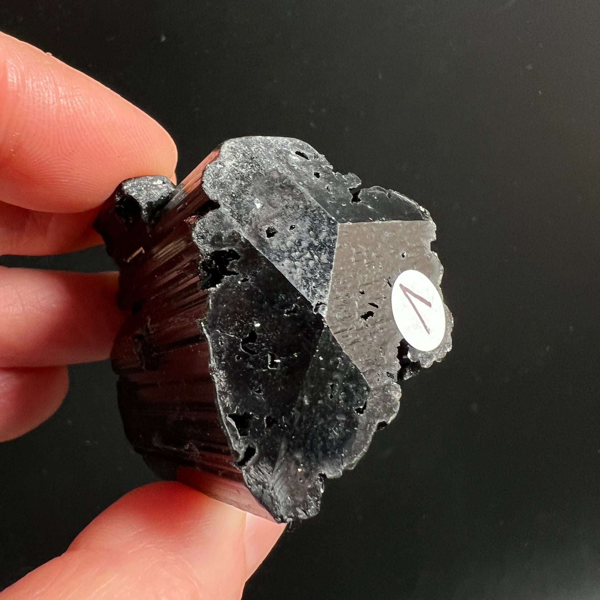 Schwarzer Turmalin, rohe Stufe mit vertikalen Rippen, metallisch-grauer Spaltfläche und tiefschwarzer Oberfläche | Happy Minerals