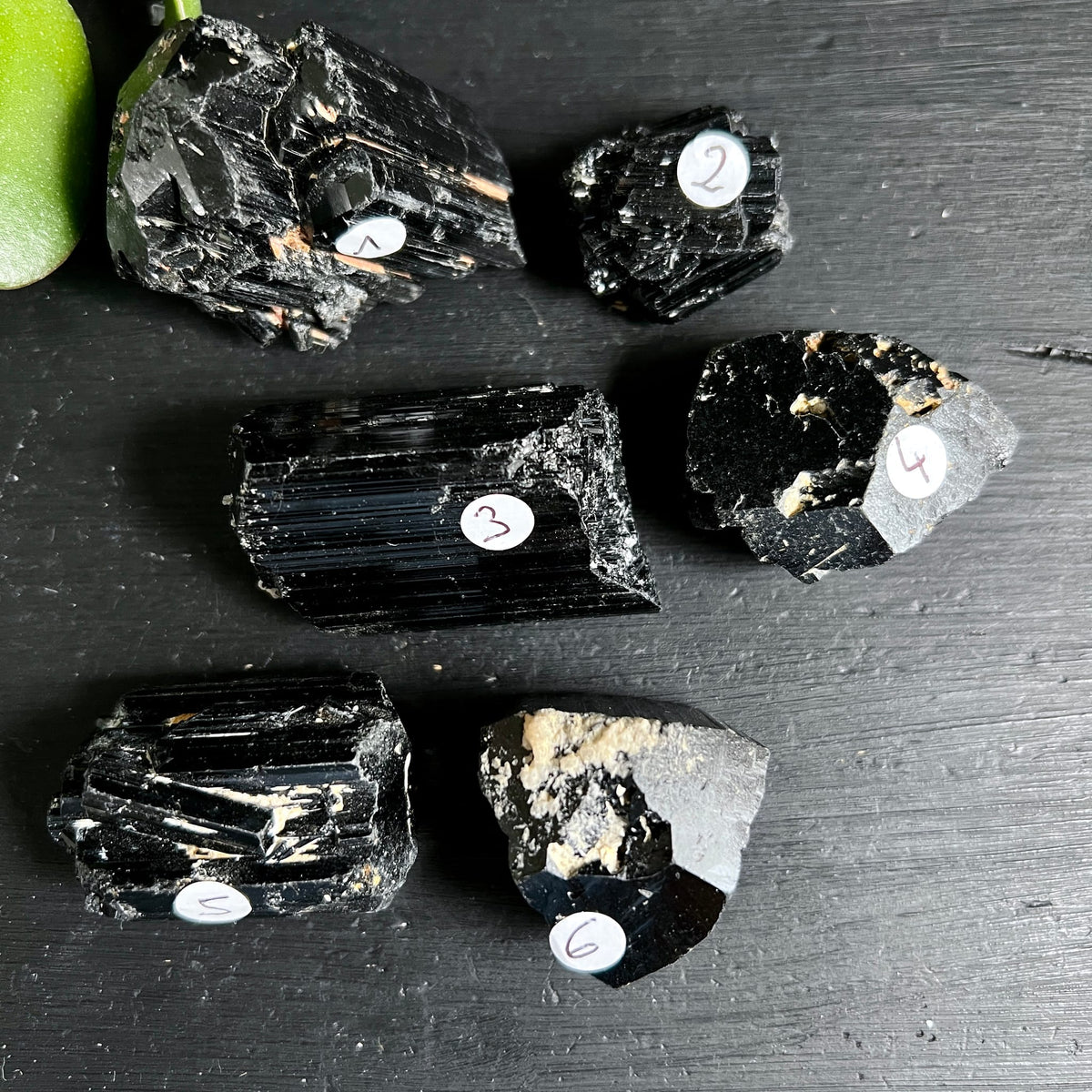 Schwarzer Turmalin roh, 6 Stück nummeriert, glänzend-schwarz mit vertikalen Rippen, beige Muttergestein | Happy Minerals