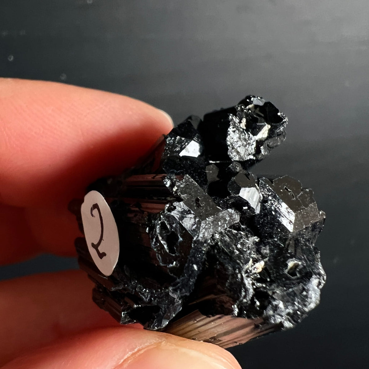 Schwarzer Turmalin Rohkristall, tiefschwarz mit metallischem Glanz, prismatische Streifung, mehrere verwachsene Kristallstufen | Happy Minerals