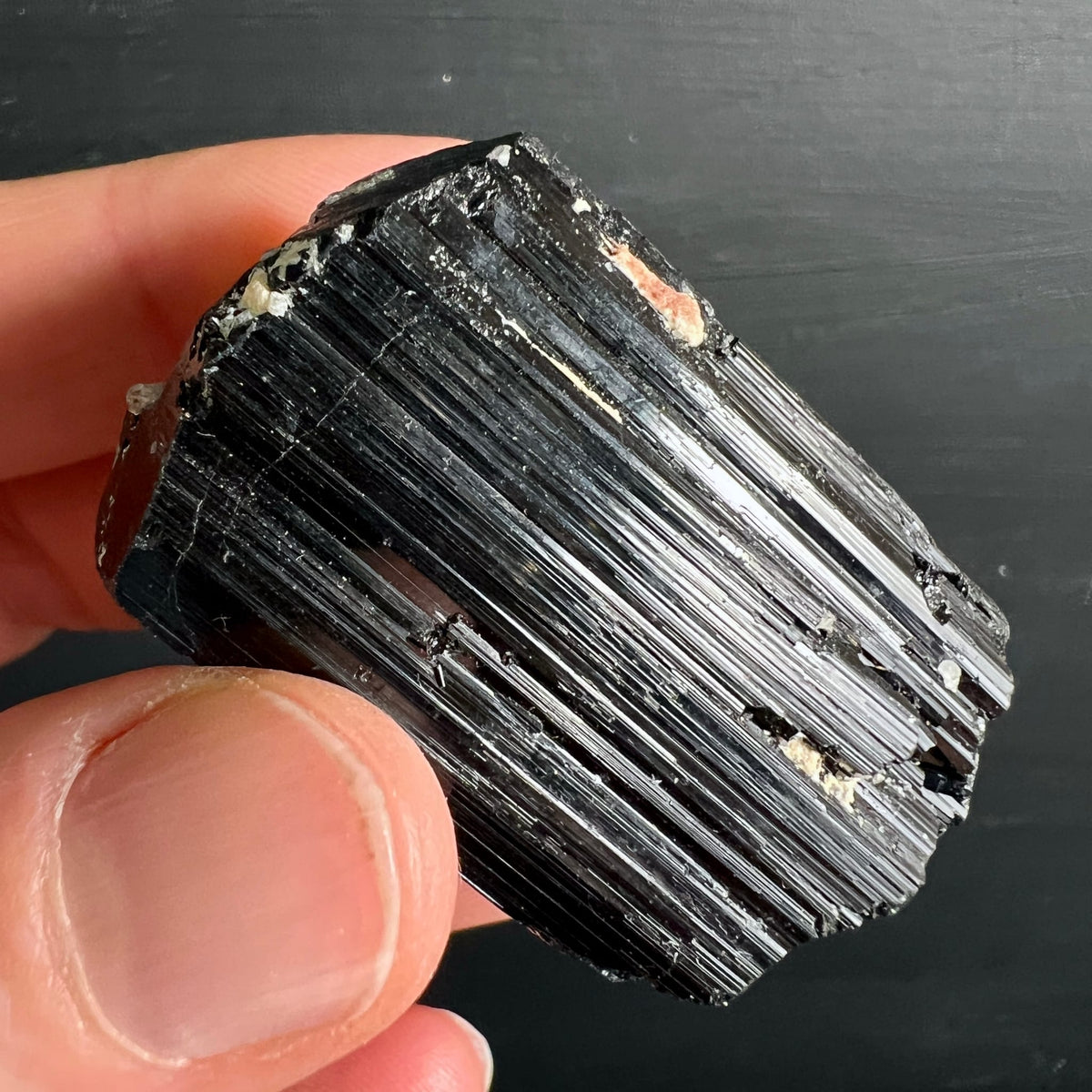 Schwarzer Turmalin Rohkristall mit tiefen vertikalen Striemen, metallischem Glanz, weissen Feldspat-Einschlüssen und orangem Fleck | Happy Minerals