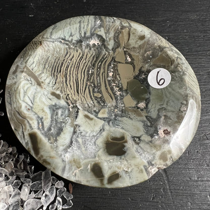 Sea Jasper Schale poliert, cremeweiss mit grauen Schlieren und dunklen Rippenmuster-Einschluessen | Happy Minerals