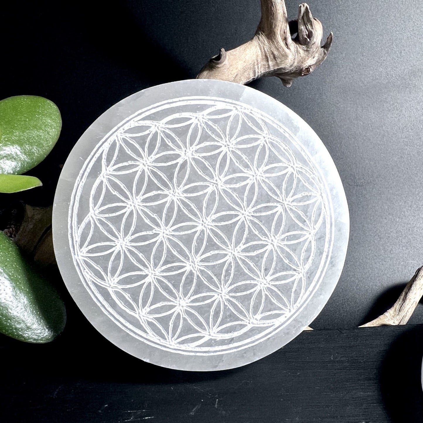 Blume des Lebens Gravur Nahaufnahme auf polierter Selenitplatte feine Linienführung