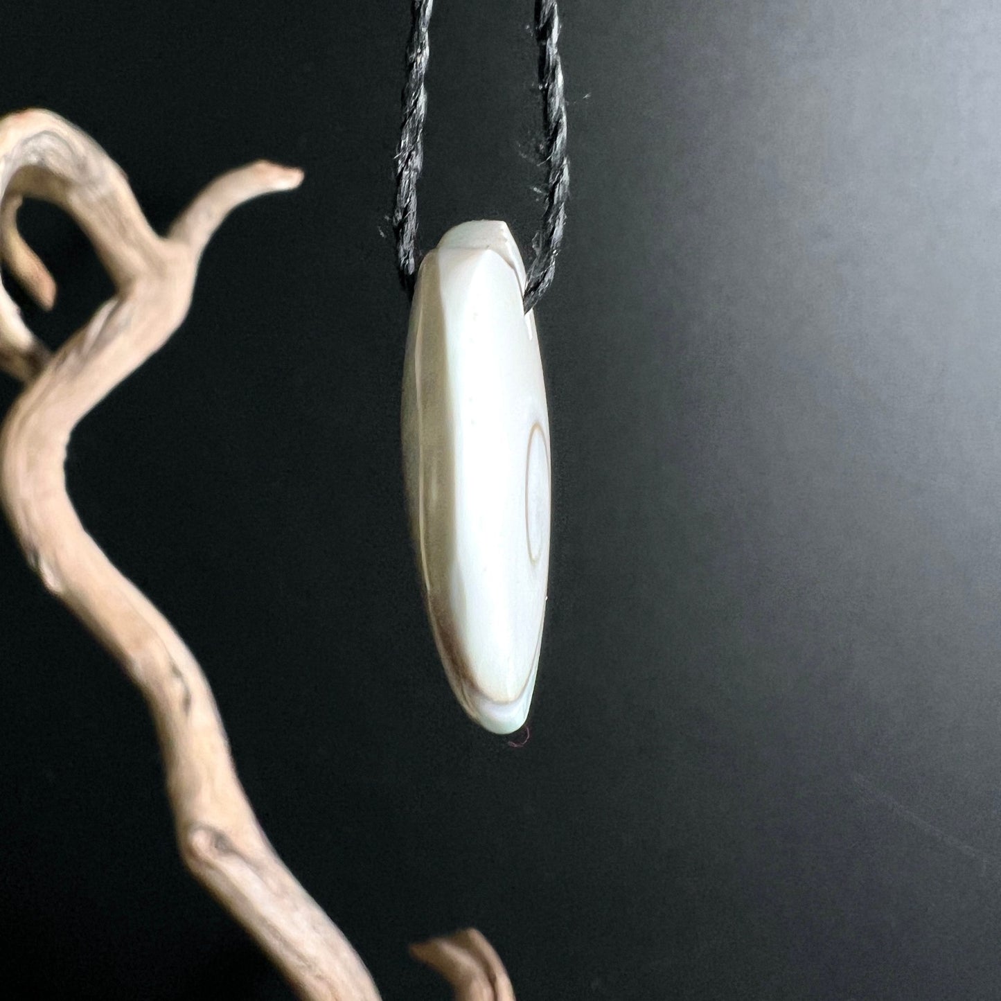 Shiva Auge Herz | schwarze Kordel | seitliche Ansicht | Meeresschnecken-Deckel Profil | Happy Minerals