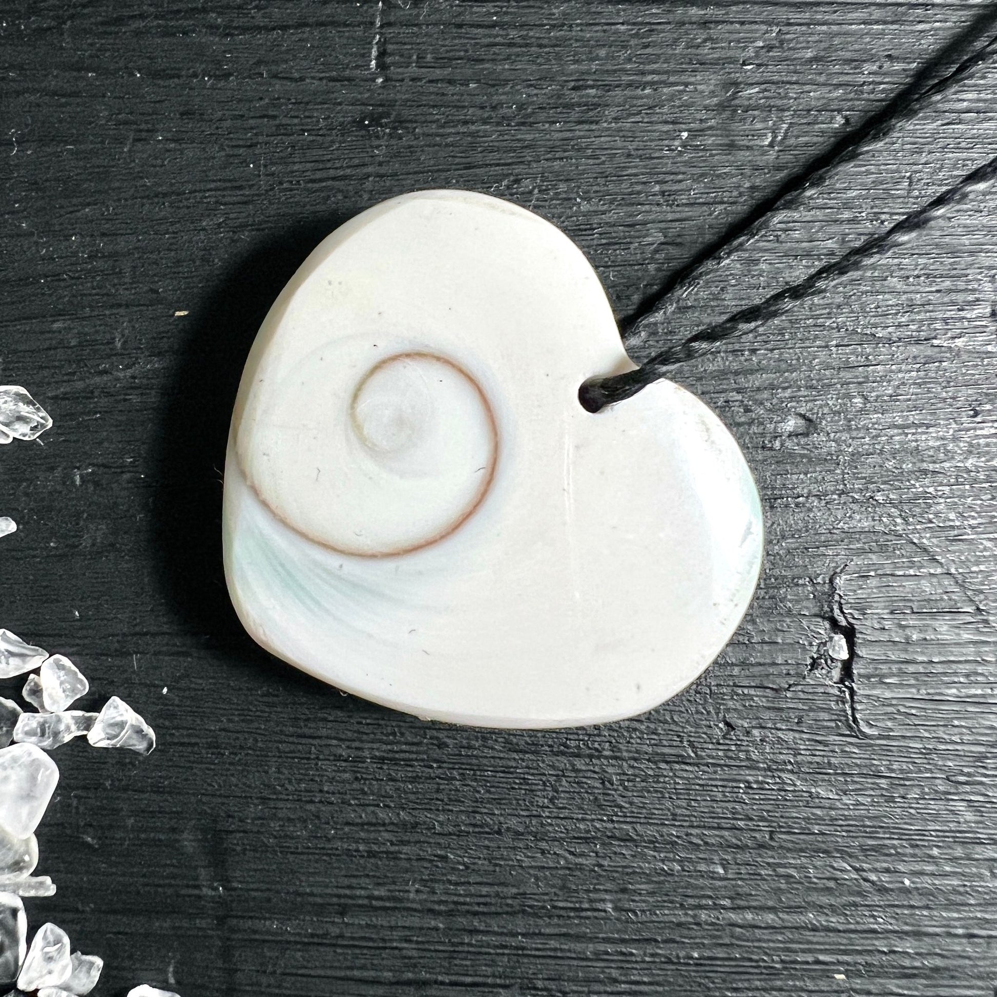 Shiva Auge Herzanhänger | Detail Spiralstruktur | perlmutt schimmernd | Meeresschnecke | Happy Minerals