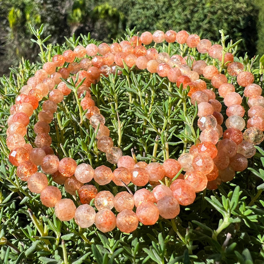 Sonnenstein Tansania | 4mm facettiert | Strang auf Kräutern | Sonnenschein | leuchtendes Pfirsich | Happy Minerals