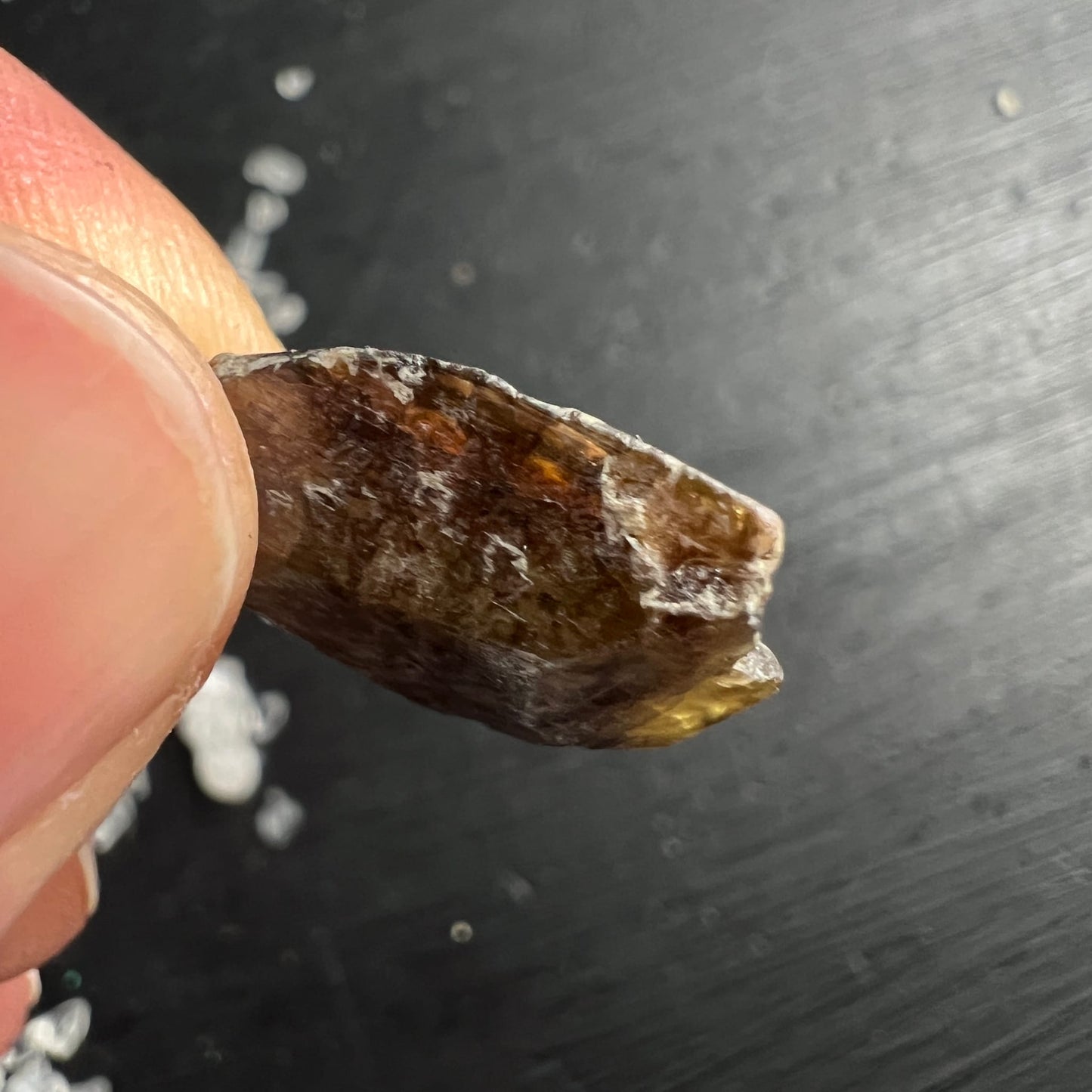 Sphen Rohkristall dunkelbraun-bernsteinfarben mit glasig-gelbem Spitzende, orangeroten Einschlüssen, rauer Oberfläche | Happy Minerals