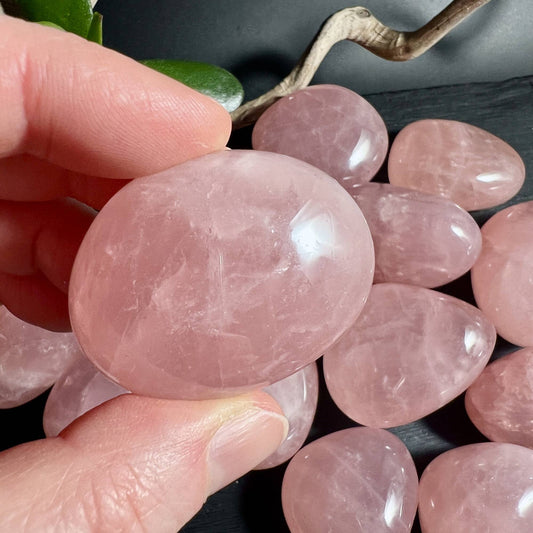 Sternrosenquarz Handschmeichler in Hand gehalten intensives Rosa seidiger Glanz