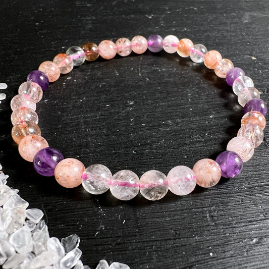 Super Seven Armband | Einzeln | Amethyst Lila Akzente | Rutilquarz Orange Rosa | Melody Stone | Happy Minerals