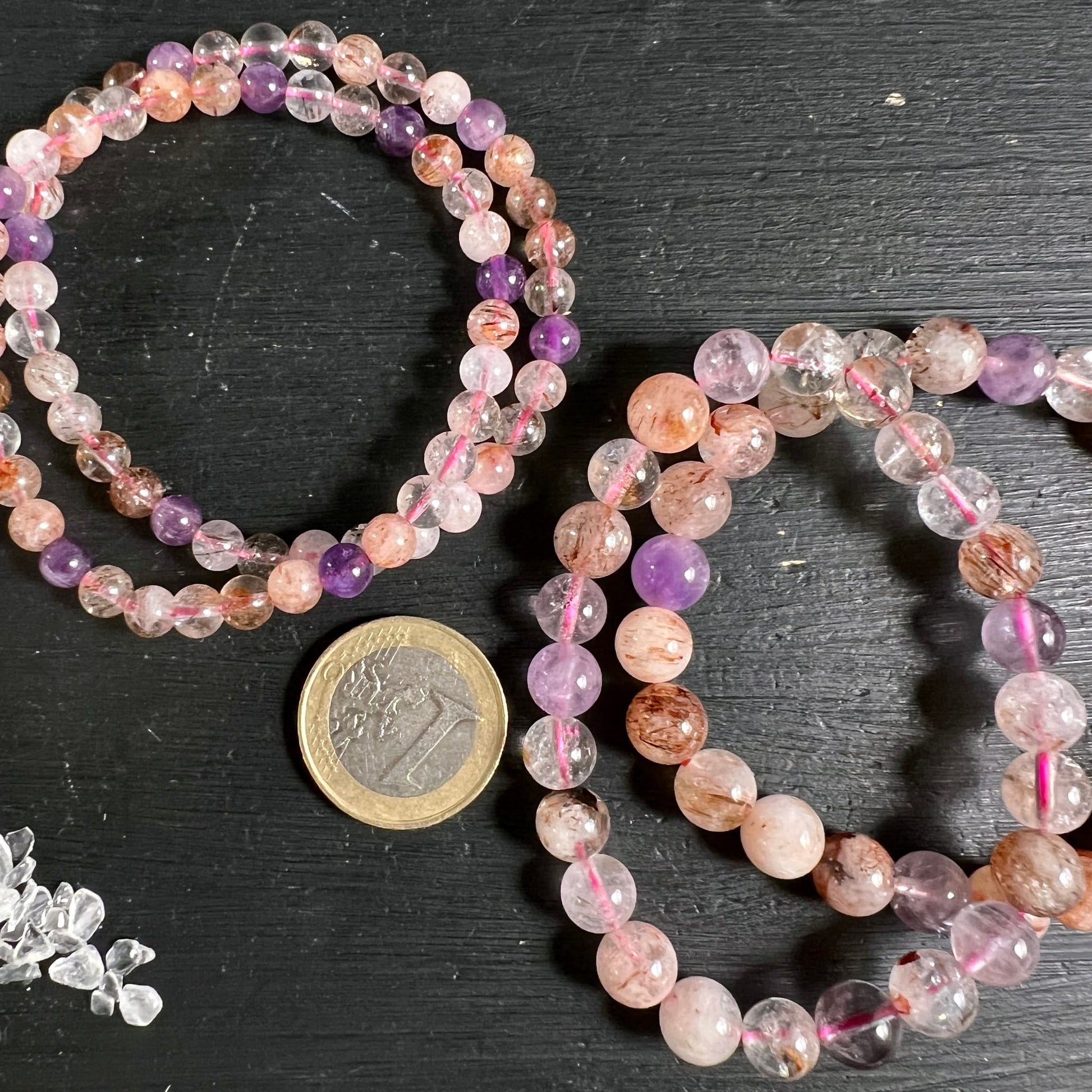 Super Seven Armband | Grössenvergleich Euromünze | Drei Varianten | Kugeln 6mm 8mm | Melody Stone | Happy Minerals