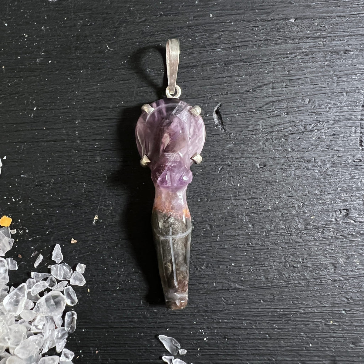 Super Seven | Melody Stone | Göttin-Anhänger | versilbert | Amethyst-Krone | Rauchquarz | Happy Minerals