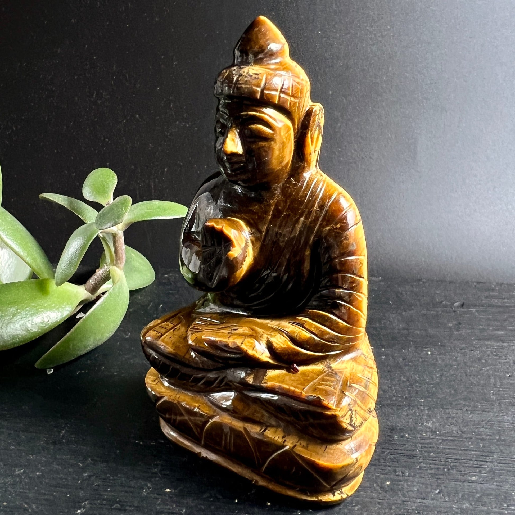 Tigerauge Buddha | Seitenansicht links | seidig glänzend | Lotussitz | Indien | Unikat | Happy Minerals