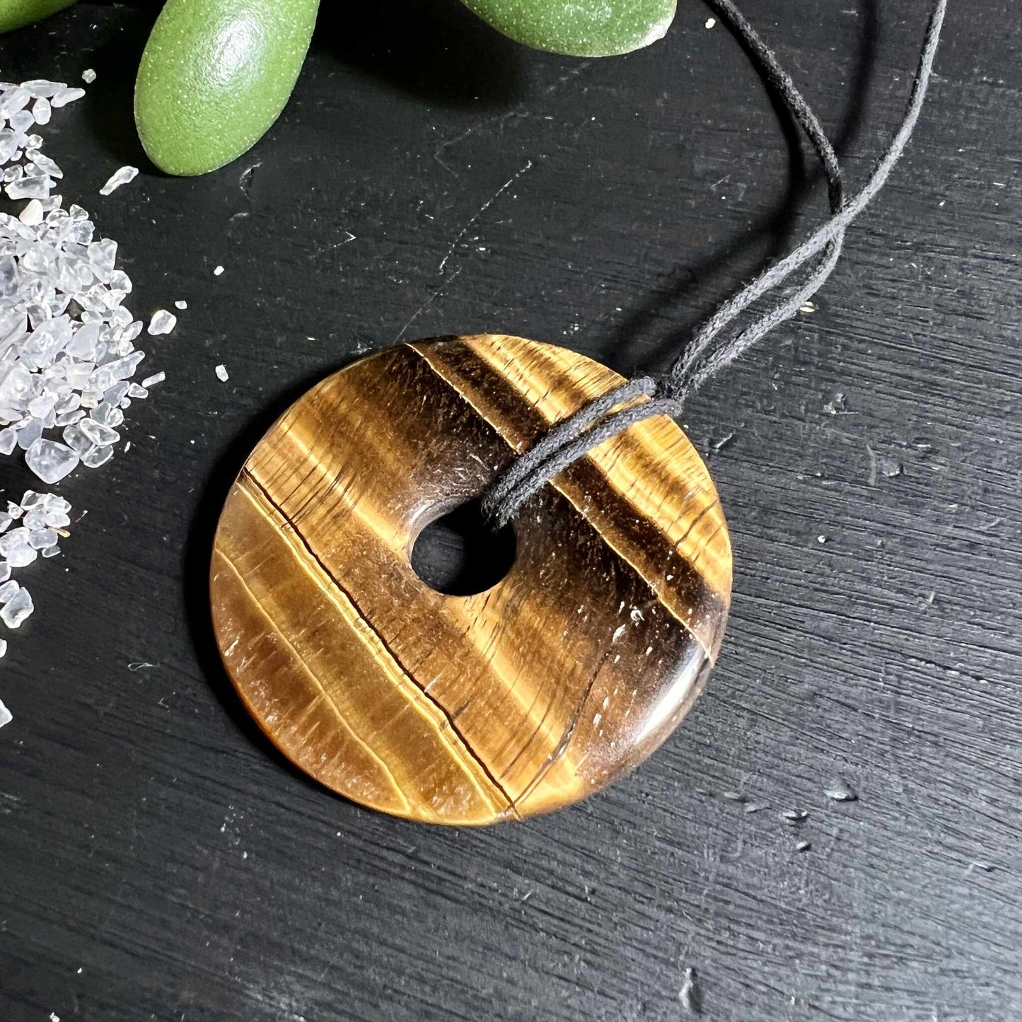 Polierter Tigerauge Donut mit Kristallen und grüner Sukkulente