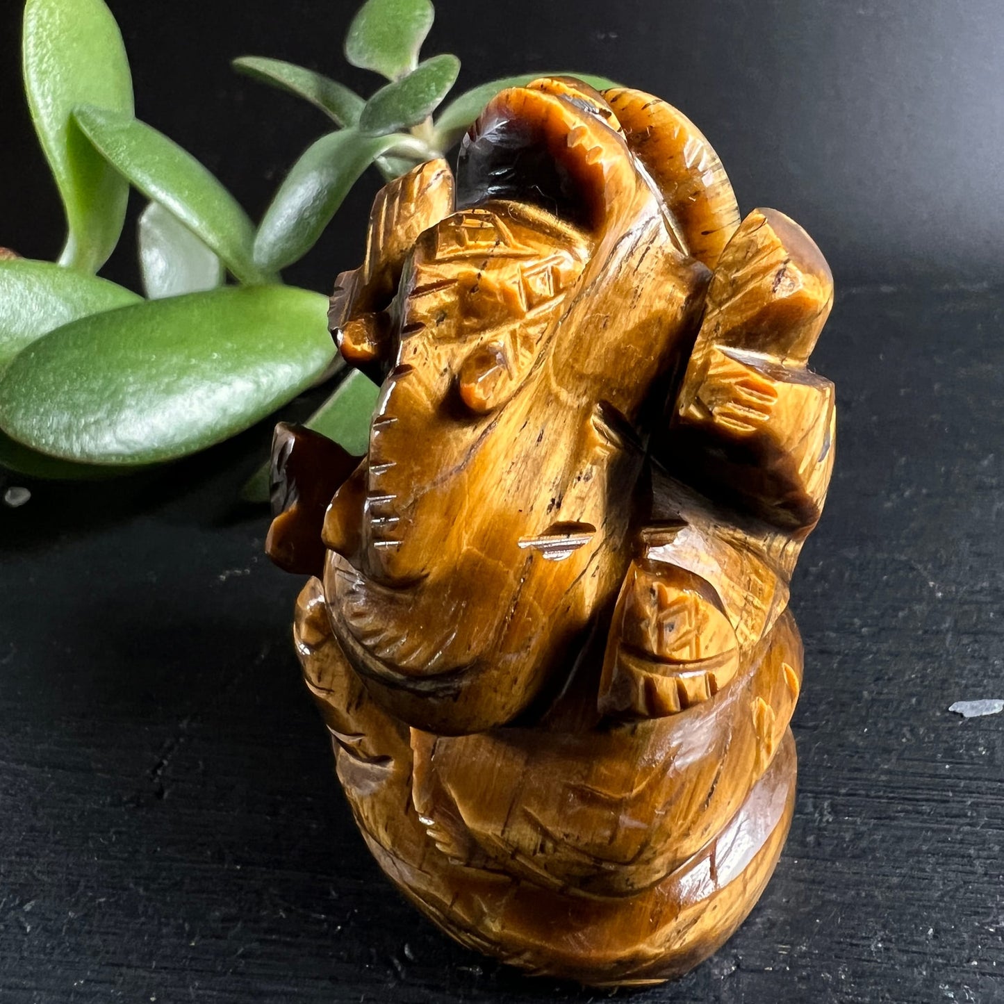 Tigerauge Ganesha | Rückenansicht | geschwungener Rüssel | warme Bernsteintöne | Happy Minerals
