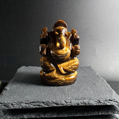 Tigerauge Ganesha | Frontalansicht | auf Schieferplatte | symmetrische Pose | golden | Happy Minerals