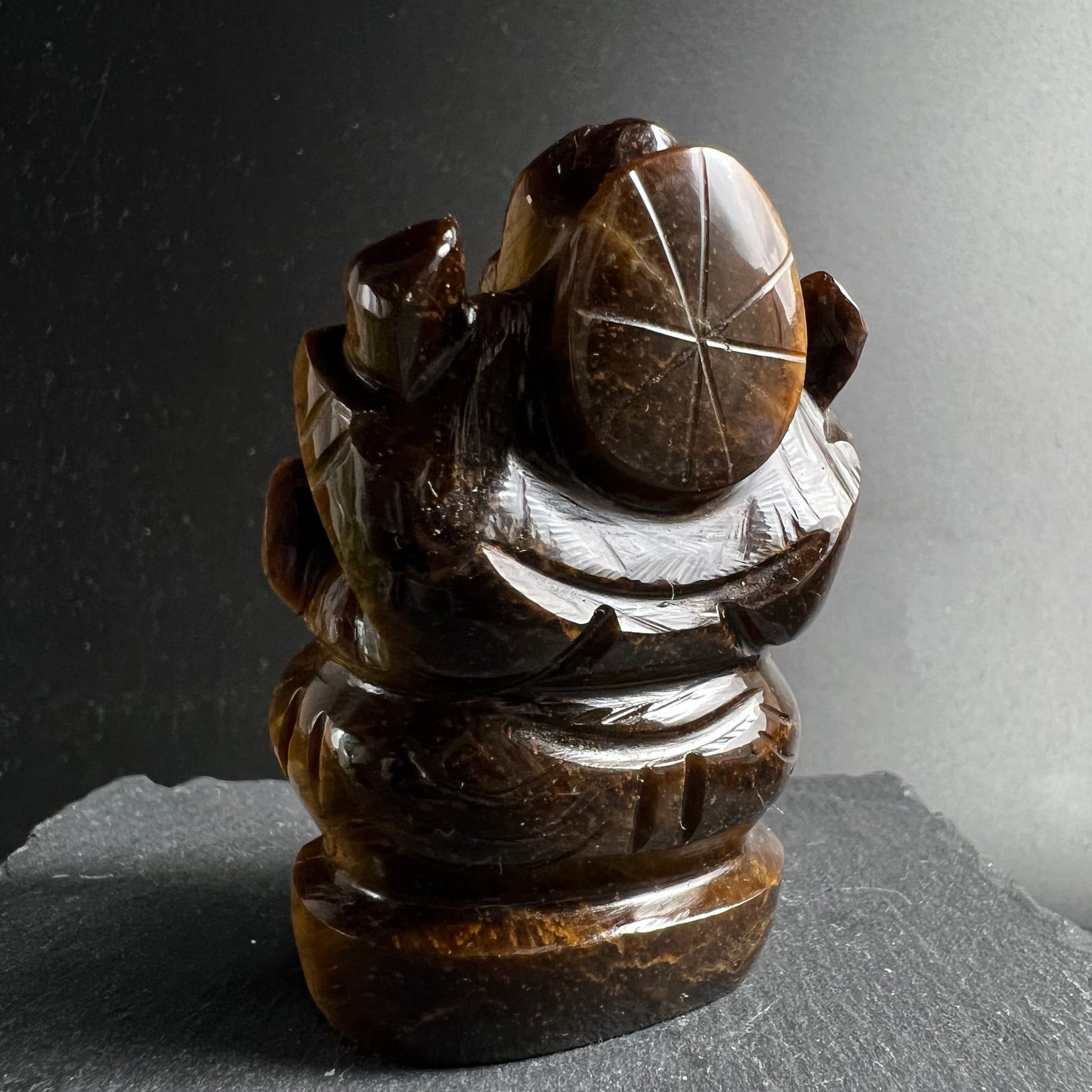 Tigerauge Ganesha | dunkle Rückseite | Lotussockel | sternförmige Politurstruktur | Happy Minerals
