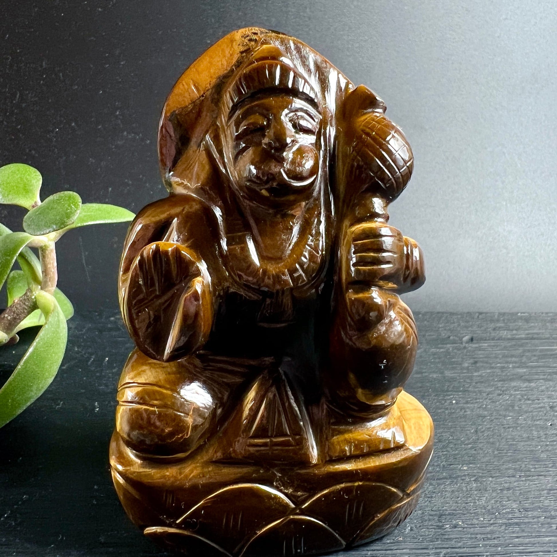 Tigerauge Hanuman Statue | Frontansicht | lachendes Gesicht | Lotussockel | Sukkulente | Happy Minerals