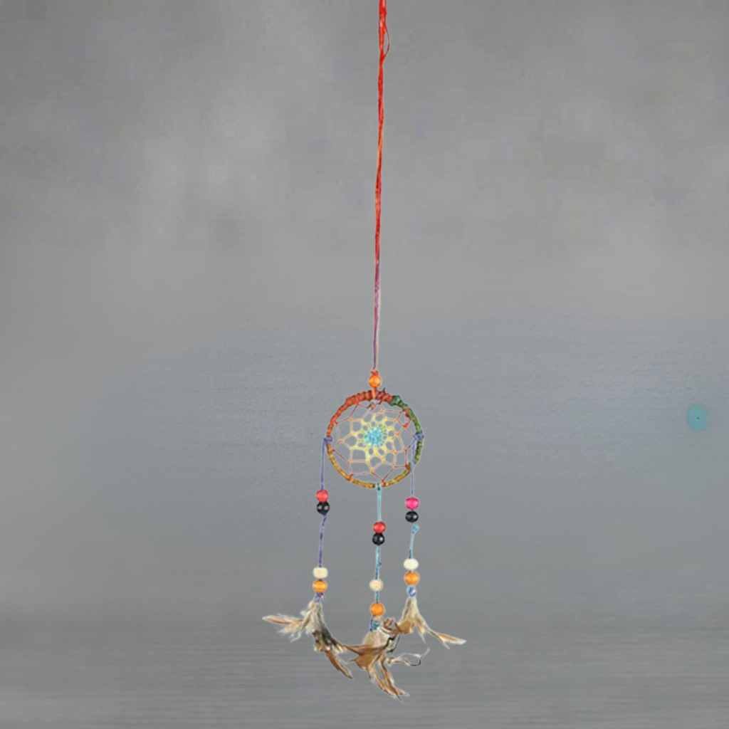 Einzelner Traumfänger | Hanf Regenbogen | runde Form | bunte Federdekoration | Nepal Stil | Happy Minerals