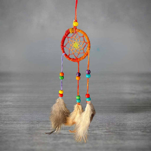 Runder Traumfänger | Orange Gelb Netz | Hanf Regenbogen | Federn bunt | Nepal Handarbeit | Happy Minerals