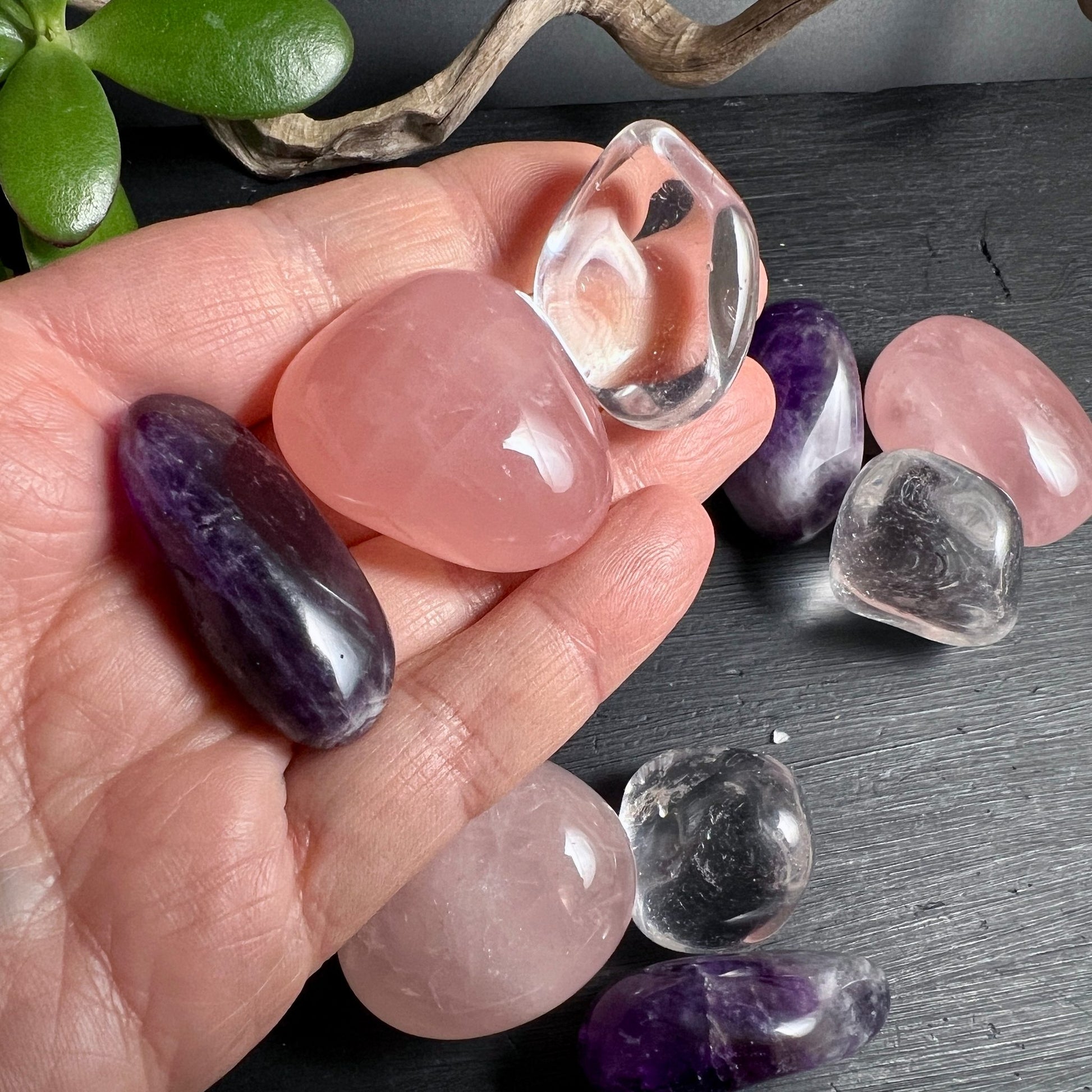 Trommelsteine in Hand | Rosenquarz Amethyst Bergkristall | Größenvergleich | Natürliche Schönheit | Happy Minerals