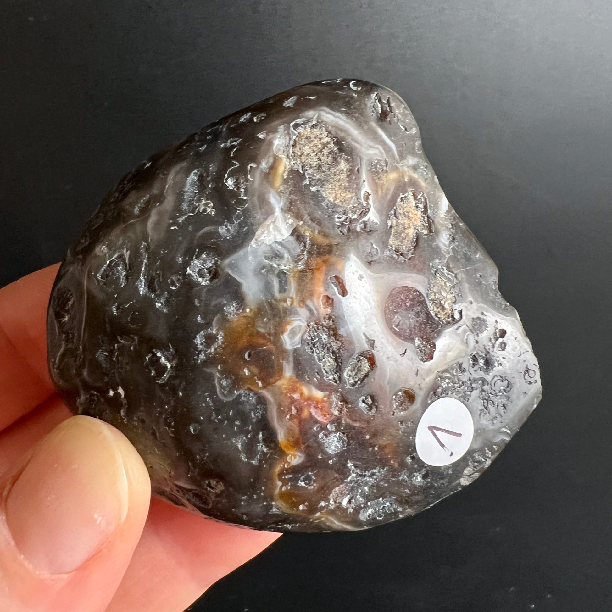 Wasseragat poliert, dunkelbraun-grau mit weisslichen Adern, rostigen Einschluessen und rauer Kruste, unregelmaessige Form | Happy Minerals