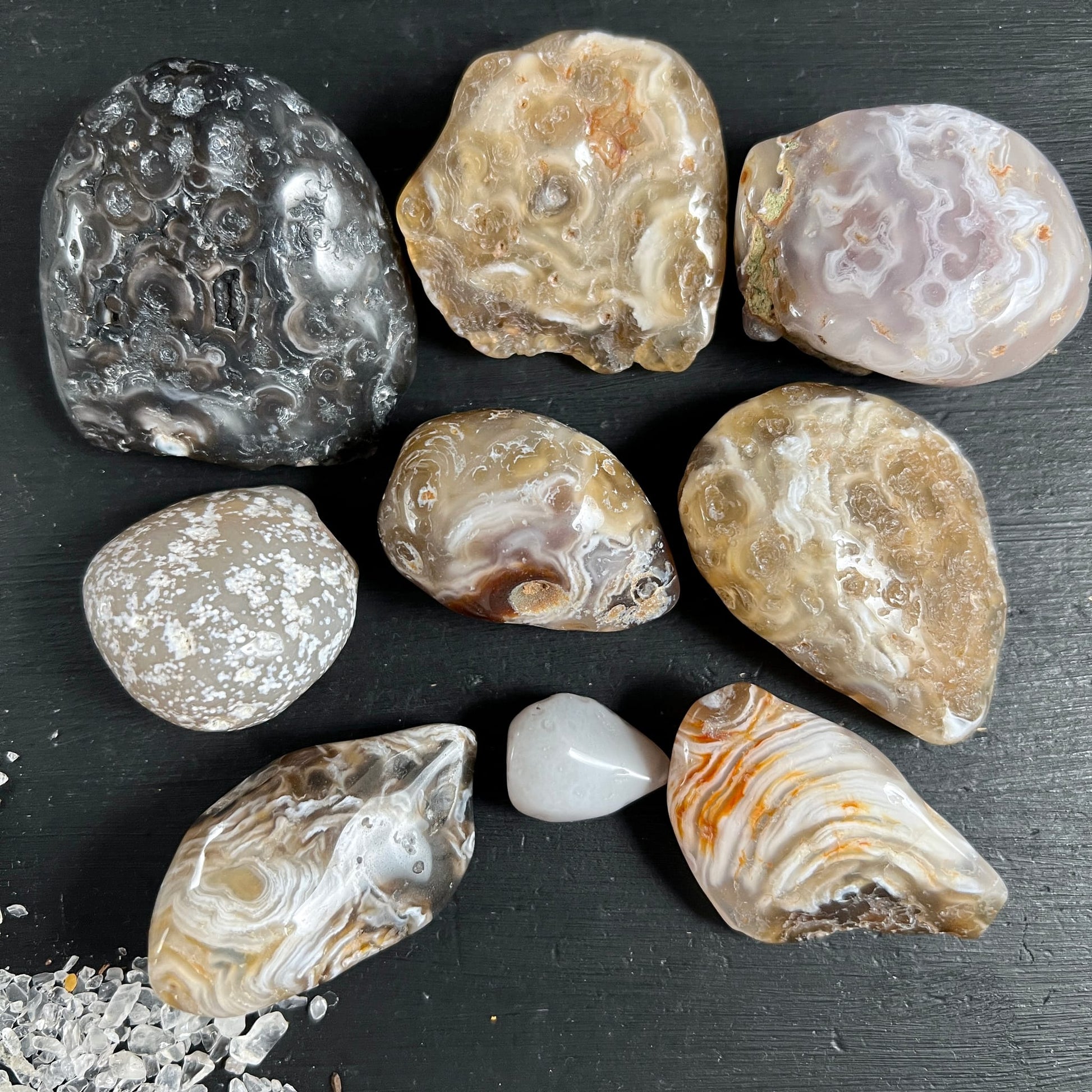 Acht polierte Wasseragate in Grau, Beige und Weiss mit Blasenmuster und Bänderung auf schwarzem Untergrund | Happy Minerals