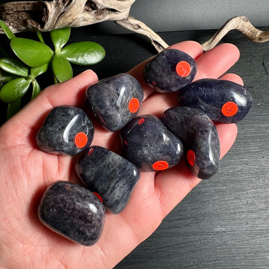 Wassersaphir Detail | violett-graue Maserung | Iolith Trommelstein | Happy Minerals Edelsteine